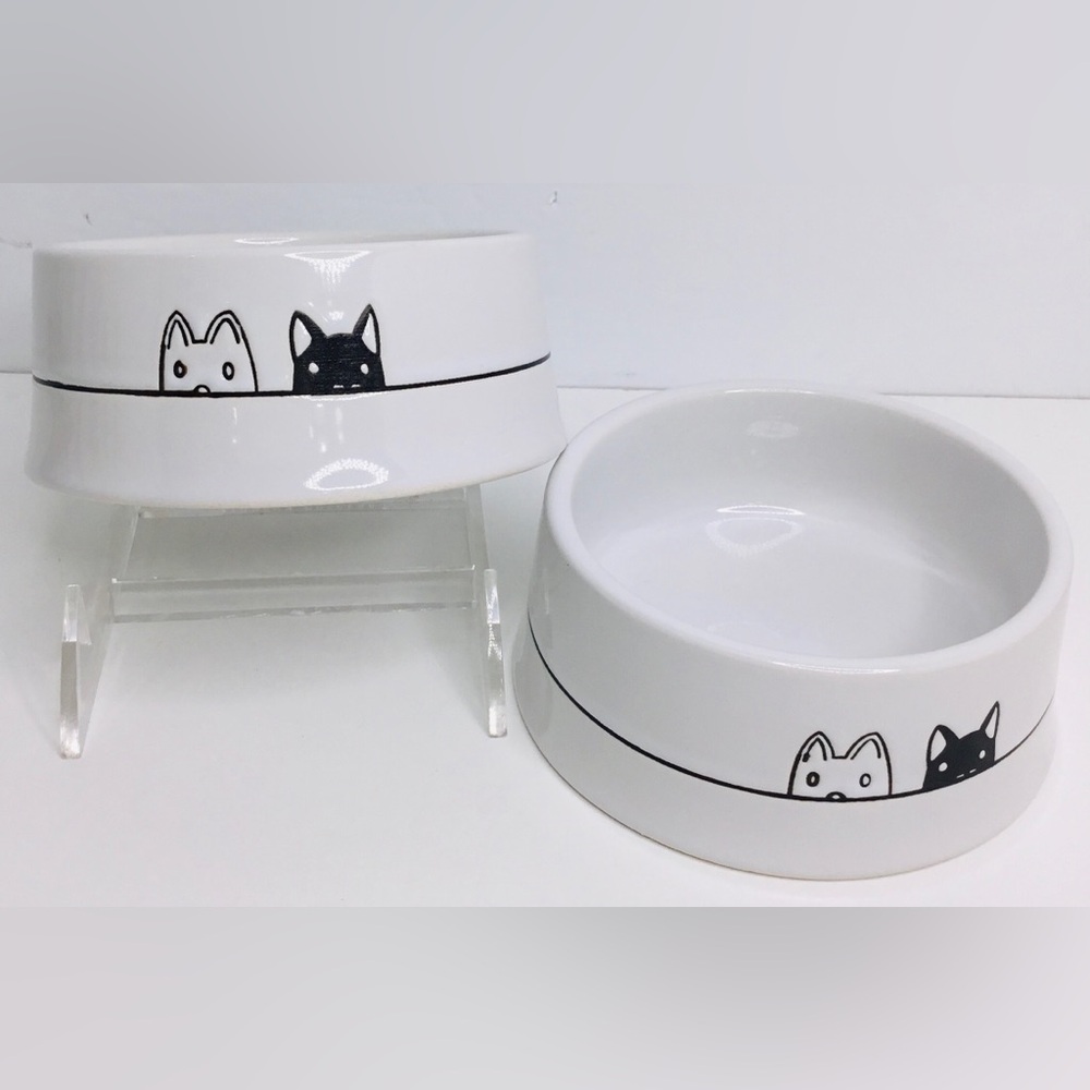 2 Two Cat Heads Signature Stoneware Cat Dish